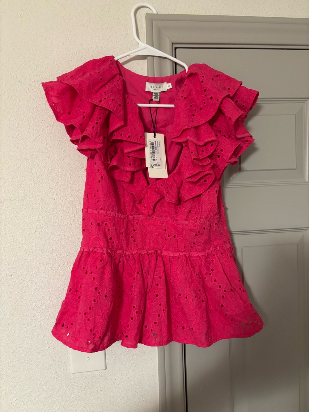 Ted Baker Mazieh Broderie Eyelet Peplum Top Size 2 (US 6) Ruffle Sleeve Pink new